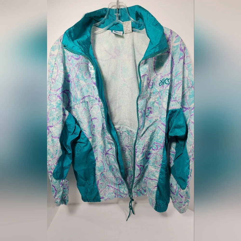 VINTAGE ASICS Womens Lightweight Windbreaker Running Full-Zip Large Green Tribal - Picture 4 of 11